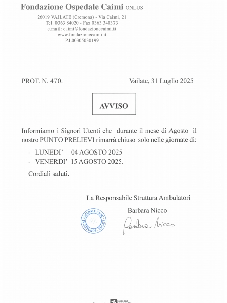 CHIUSURA PUNTO PRELIEVI AGOSTO 2025