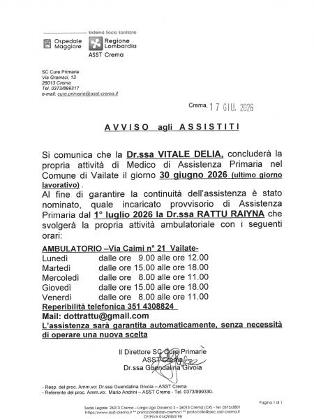 AVVISO ASSISTITI Dr.ssa VITALE DELIA