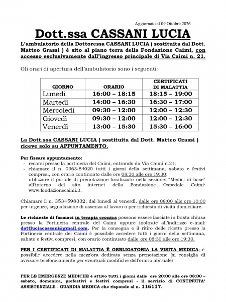 NUOVI ORARI AMBULAORIO DOTT.SSA CASSANI