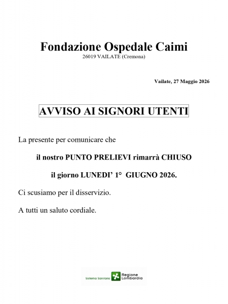 AVVISO AMBULATORI PER PUNTO PRELIEVO CHIUSURA 01/06/2026